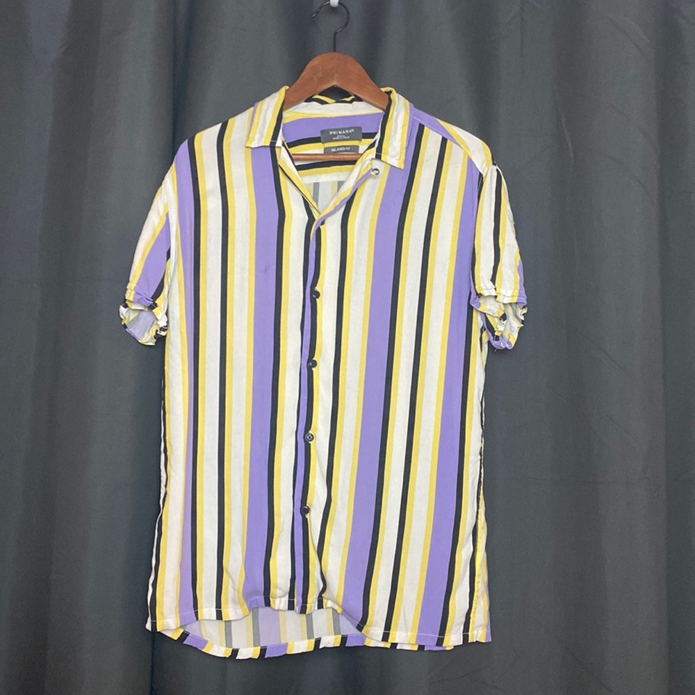 Primary vertical stripe shirt in purple/yellow/black/white